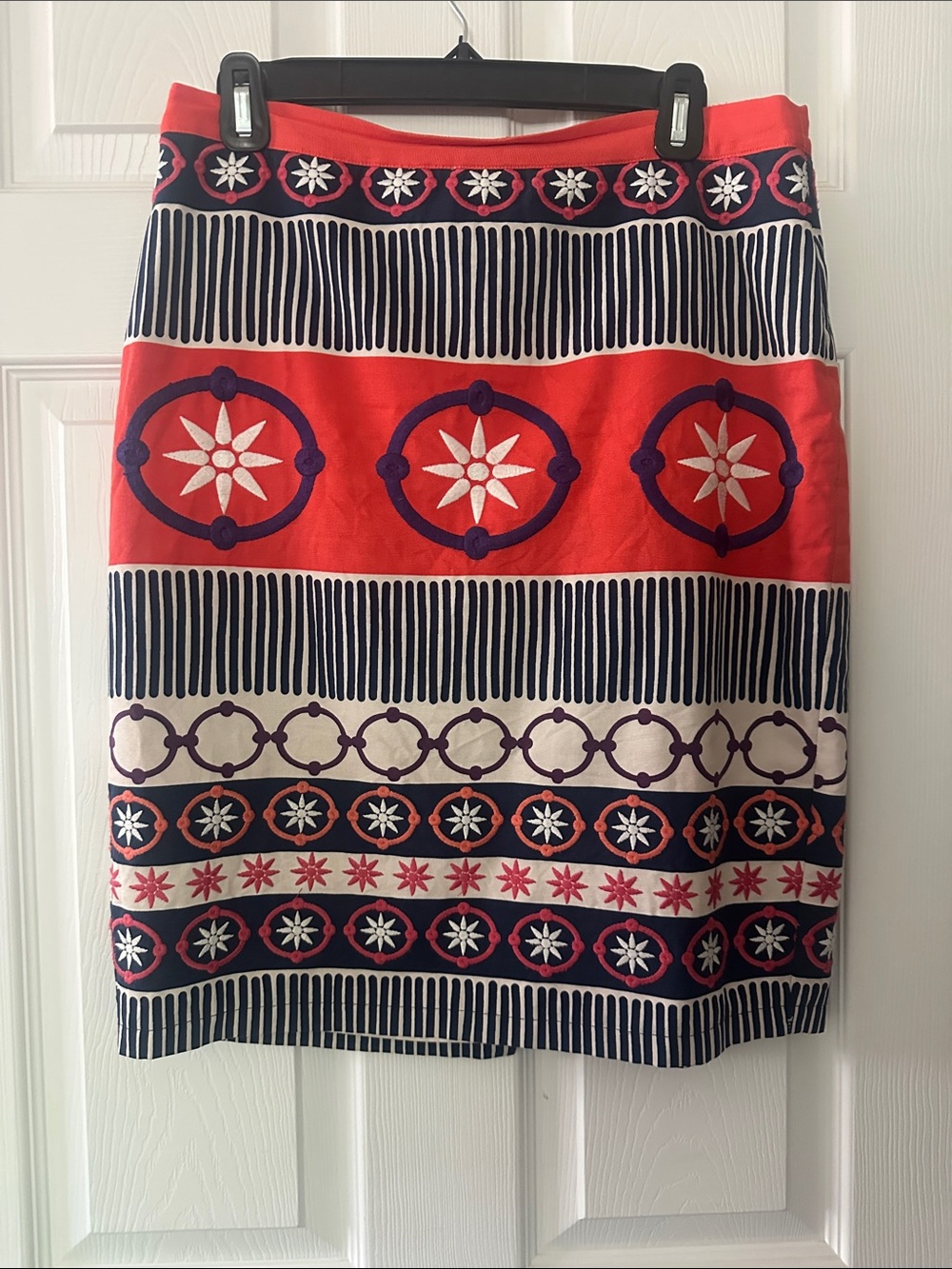 Boden Red, Navy and White Embroidered Pattern Pencil Skirt
